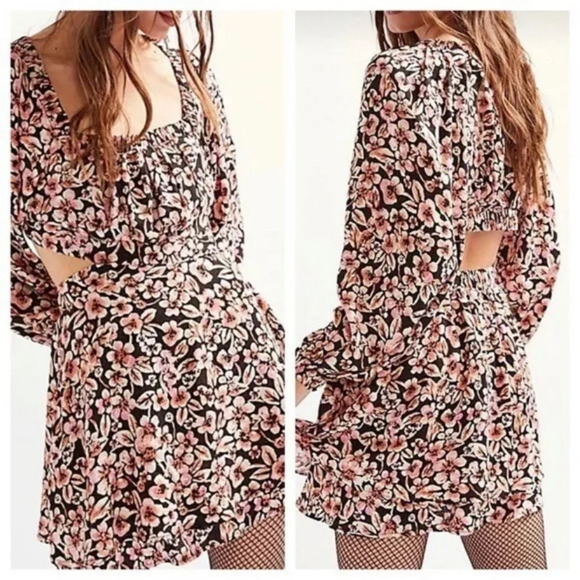 Free People Dresses & Skirts - Free People Jael Cutout Mini Dress XS‎ Long Sleeves Black Floral NWOT Bohemian